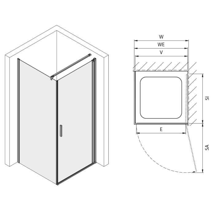 Koralle SL450 Pendeltür 1-flüglig rechts für Trennwand, Typ TPWA R 90, 90 x 200 cm, für Duschwanne, mit GlasPlus