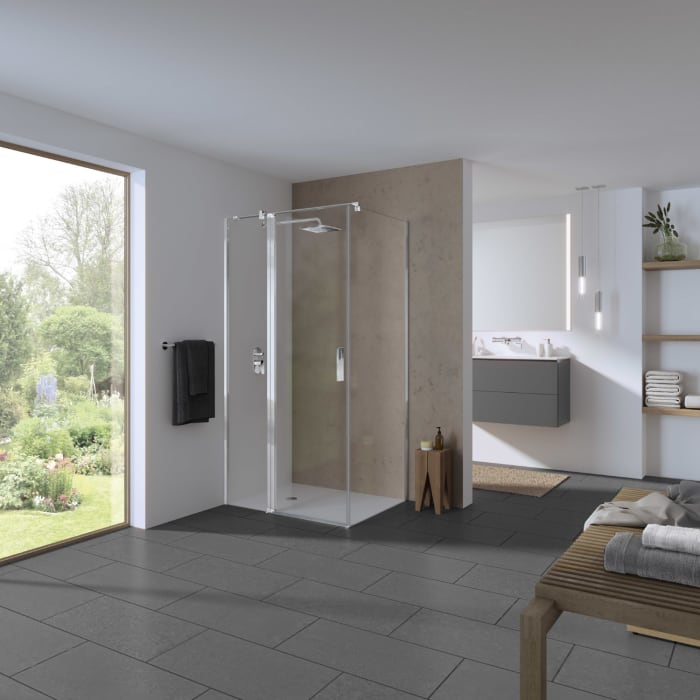 Koralle SL450 Pendeltür 1-flüglig mit Festteil links für Trennwand, Typ TPFA L 160, 160 x 200 cm, für Duschwanne, mit GlasPlus