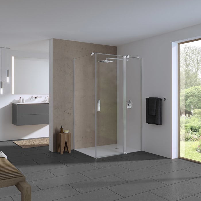 Koralle SL450 Pendeltür 1-flüglig mit Festteil rechts für Trennwand, Typ TPFA R 90, 90 x 200 cm, für Duschwanne, mit GlasPlus