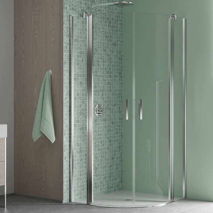 Koralle SL450 Viertelkreis Pendeltür mit Festteil links, Typ VPFBOS L 90, 90 x 200 cm, R= 52 cm, bodengleich, mit GlasPlus