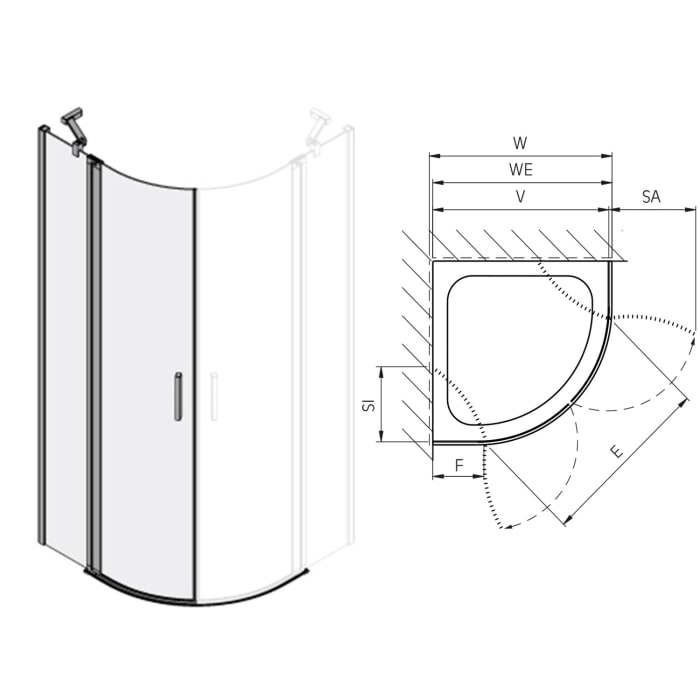 Koralle SL450 Viertelkreis Pendeltür mit Festteil links, Typ VPFS L 90, 90 x 200 cm, R= 50 cm, für Duschwanne, mit GlasPlus