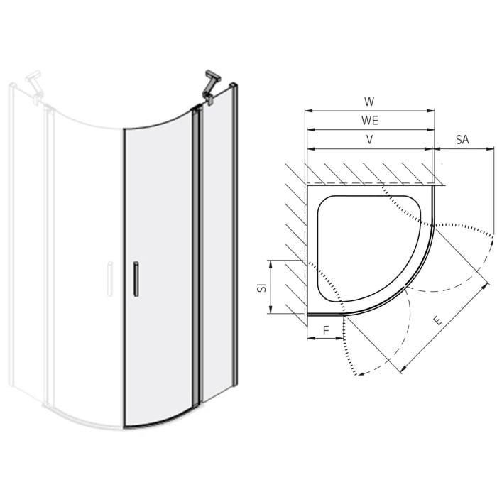 Koralle SL450 Viertelkreis Pendeltür mit Festteil rechts, Typ VPFBOS R 80, 80 x 200 cm, R= 55 cm, bodengleich, mit GlasPlus