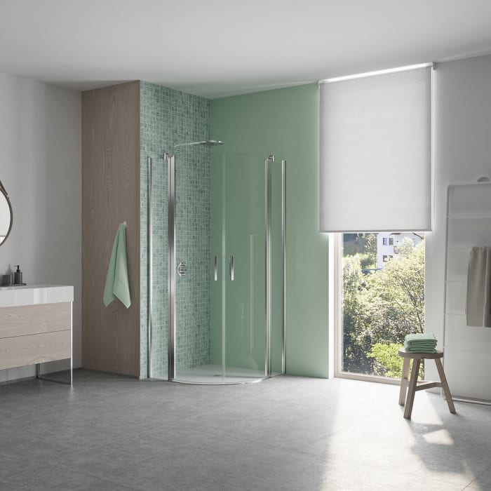 Koralle SL450 Viertelkreis Pendeltür mit Festteil links, Typ VPFS L 80, 80 x 200 cm, R= 55 cm, für Duschwanne, mit GlasPlus