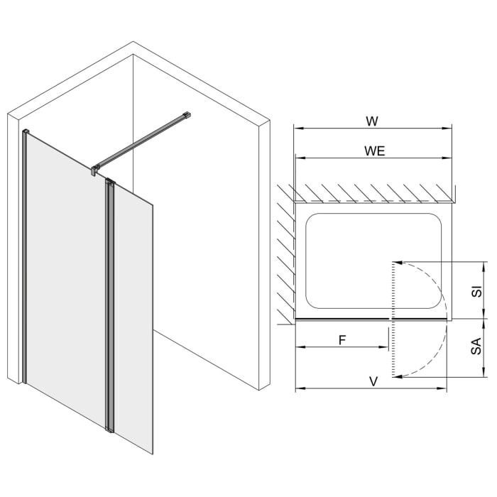 Koralle SL450 Walk-In Trennwand links mit Pendelelement, Typ WWPA L 120, 120 x 200 cm, für Duschwanne