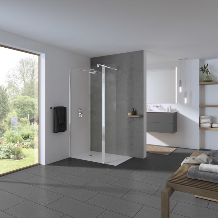 Koralle SL450 Walk-In Trennwand links mit Pendelelement, Typ WWPA L 130, 130 x 200 cm, für Duschwanne, mit GlasPlus