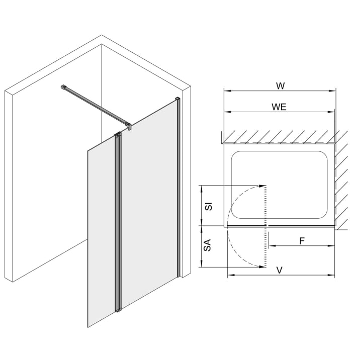 Koralle SL450 Walk-In Trennwand rechts mit Pendelelement, Typ WWPA R 160, 160 x 200 cm, für Duschwanne