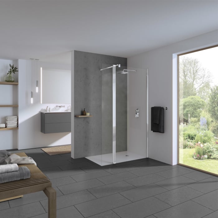 Koralle SL450 Walk-In Trennwand rechts mit Pendelelement, Typ WWPBOA R 140, 140 x 200 cm, bodengleich