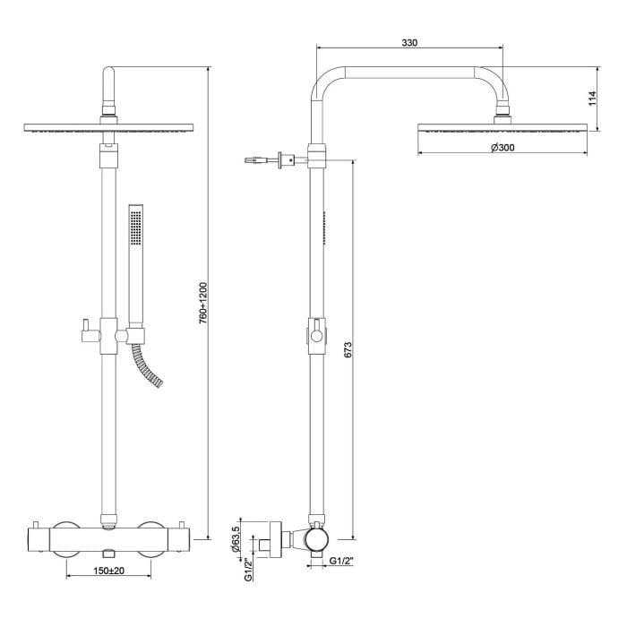 Kronenbach Lima 2.0 Thermostat Duschsystem Aufputz, Kopfbrause Ø 30cm, Stabhandbrause