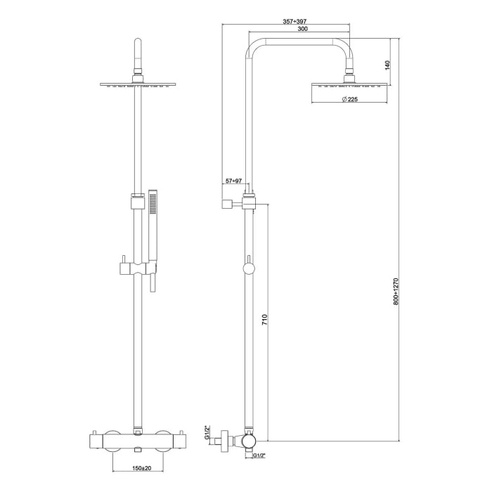 Kronenbach Lima 2.0 Thermostat Duschsystem Aufputz, Kopfbrause Ø 22,5cm, Stabhandbrause