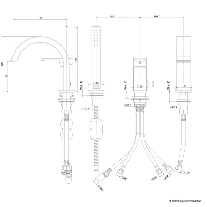 Kronenbach Quara 3.0 3-Loch Wannenrandarmatur