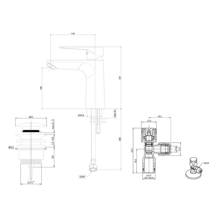 Kronenbach Radia 3.0 Montage- und Armaturenset für Waschtisch mit Unterschrank