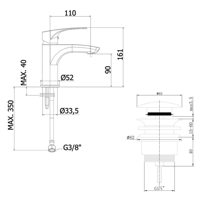 Kronenbach Rivara Waschtisch-Einhebelmischer mit Pop Up Ablaufventil, wassersparend