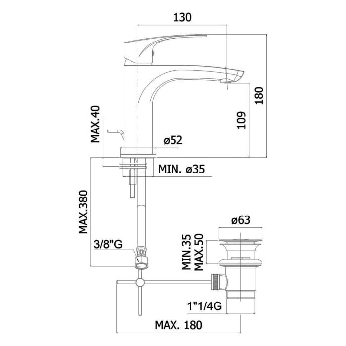 Kronenbach Rivara Waschtisch-Einhebelmischer XL mit Zugstangen-Ablaufgarnitur 1 1/4, wassersparend