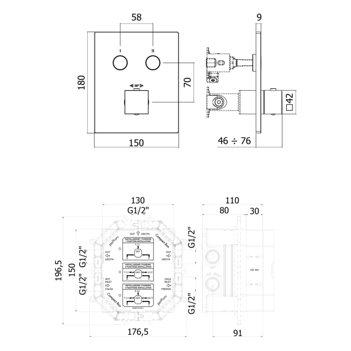 Kronenbach Smart Push Thermostat Unterputz für 2 Verbraucher, eckige Ausführung, inklusive UP-Box und Wandanschlussbogen