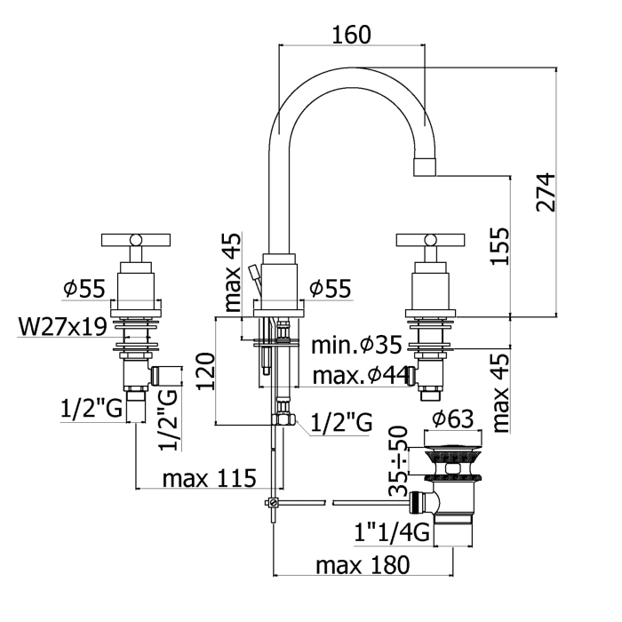 Kronenbach Zeta 2.0 Dreiloch-Waschtischmischer mit Ablaufgarnitur