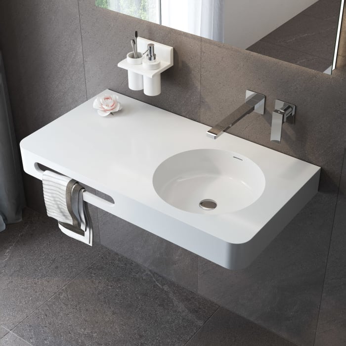 Kronenbach Stone Handwaschbecken 90 x 48 cm Becken rechts ohne Hahnlochbohrung, mit Handtuchhalterung