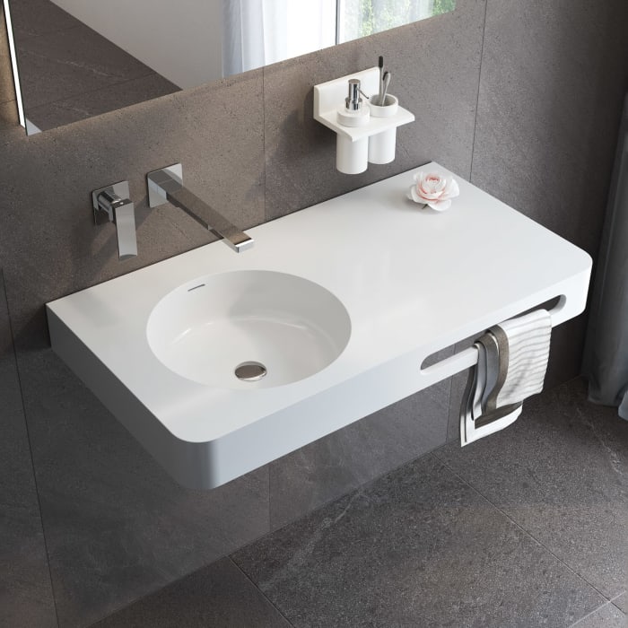 Kronenbach Stone Handwaschbecken 90 x 48 cm Becken links ohne Hahnlochbohrung, mit Handtuchhalterung