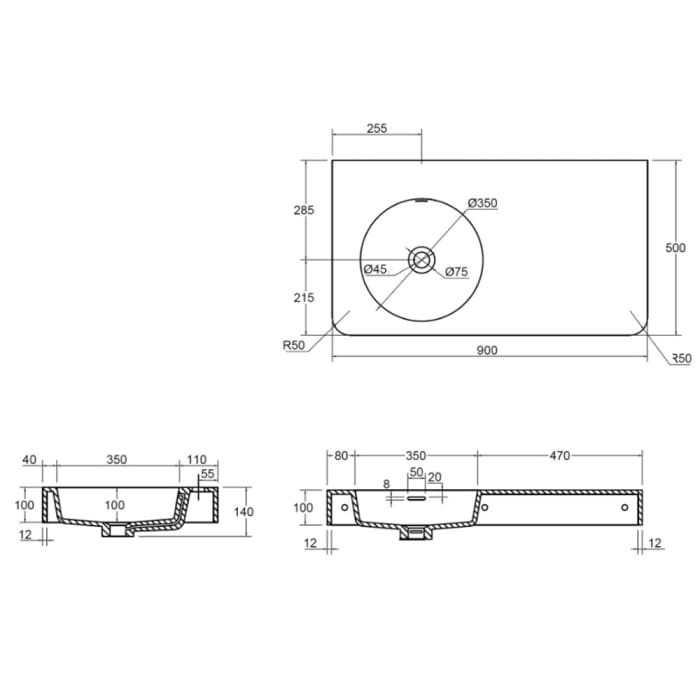 Kronenbach Stone Handwaschbecken 90 x 48 cm Becken links ohne Hahnlochbohrung