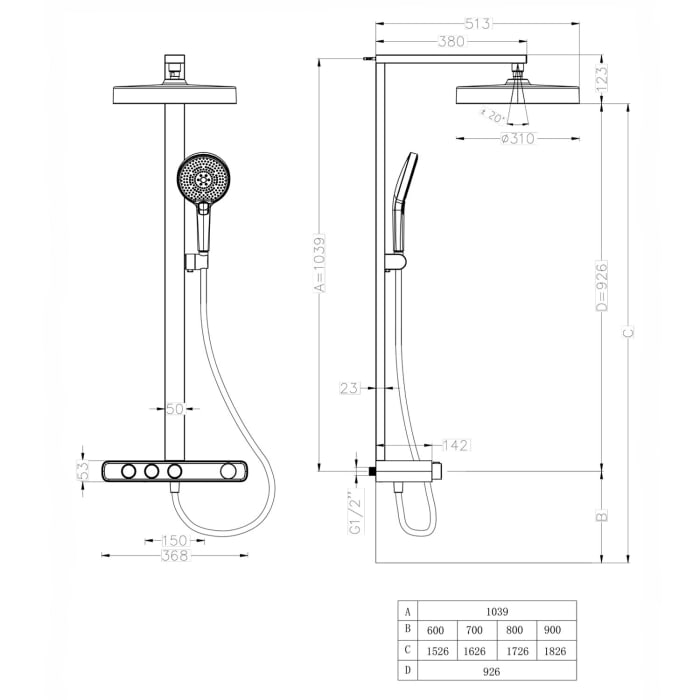 Kronenbach Aquivara Thermostat-Duschsystem Aufputz mit Ablage und 2-Funktions Kopfbrause Ø 31 cm