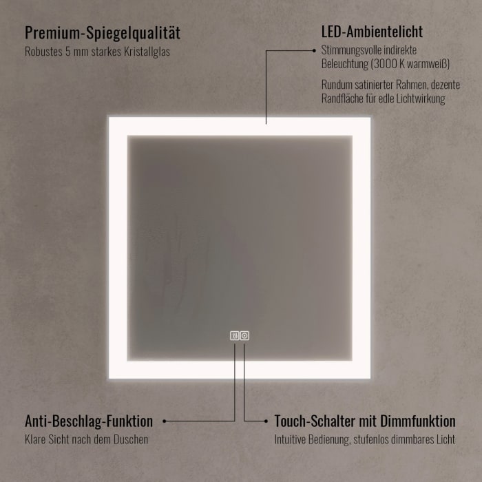 Kronenbach Day Badspiegel 70 x 50 cm mit dimmbarer LED-Beleuchtung und Antibeschlag