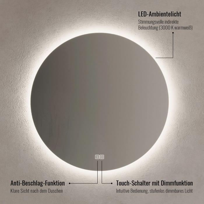 Kronenbach Moon Badspiegel Ø 120 cm mit Spiegelheizung und LED-Treiber
