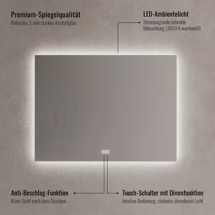 Kronenbach Night Badspiegel 100 x 60 cm mit LED-Beleuchtung und Dimmfunktion