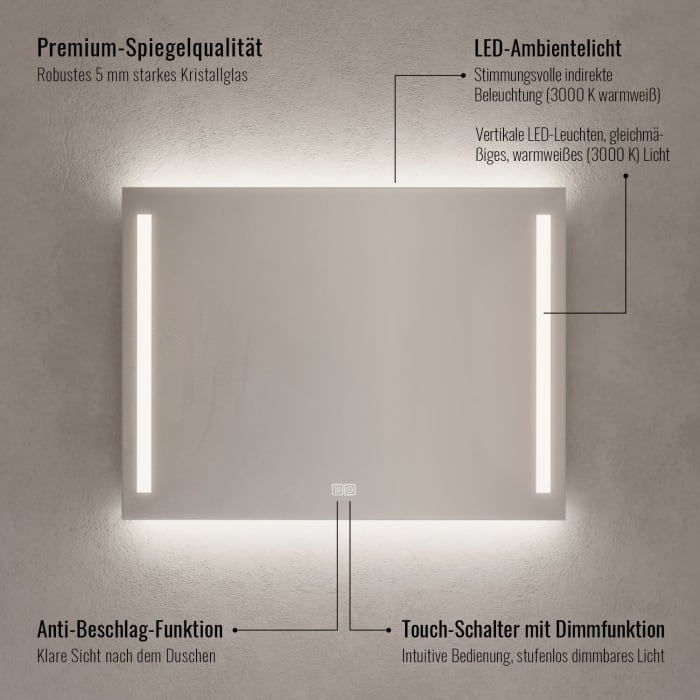 Kronenbach Sun Badspiegel 160 x 60 cm mit LED Seiten- und Hintergrundbeleuchtung