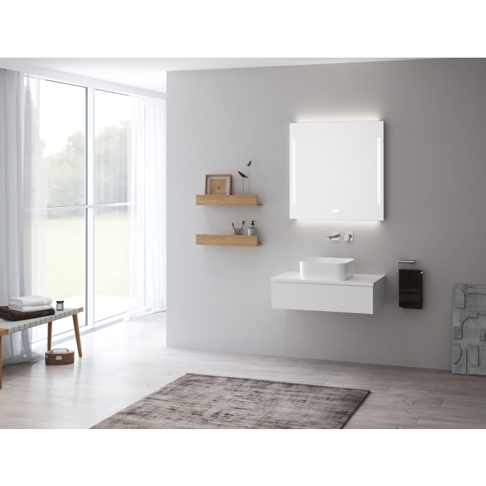 Kronenbach Sun Badspiegel 80 x 80 cm mit LED Seiten- und Hintergrundbeleuchtung für modernes Badezimmerambiente