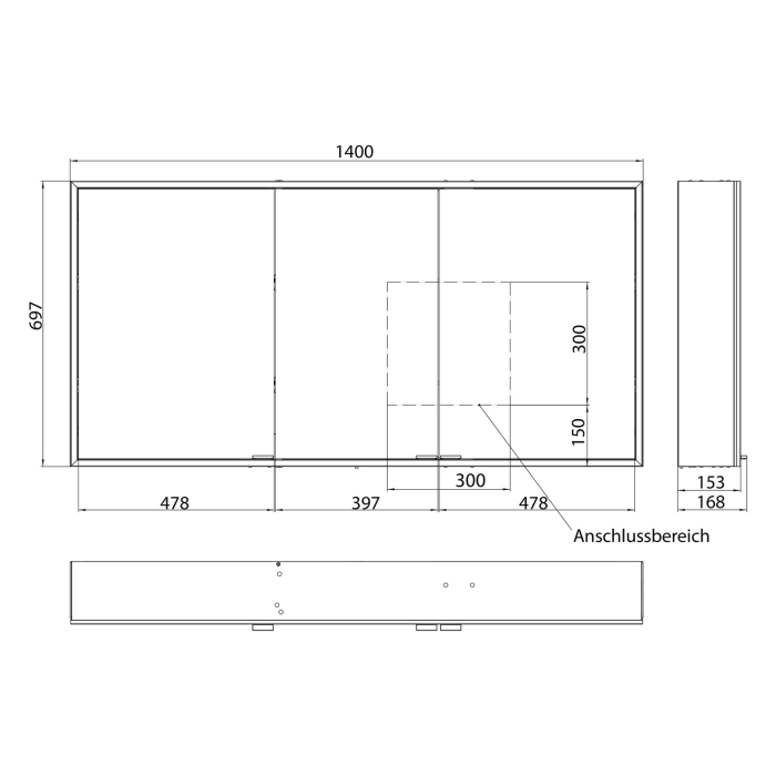 Kronenbach Cube 2.0 Spiegelschrank 140 cm, Aufputz, 3-türig