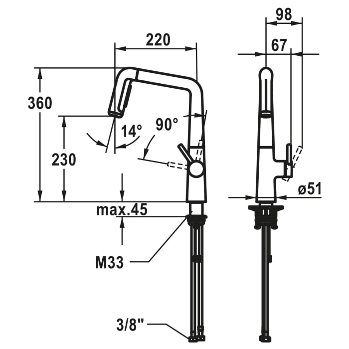 KWC KIO Hebelmischer mit Auszugsbrause A220000, Hebel rechts