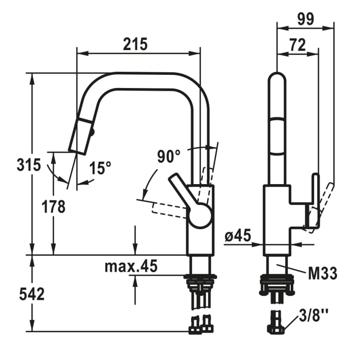 KWC LUNA-E Hebelmischer mit Auszugsbrause A215176, Hebel rechts