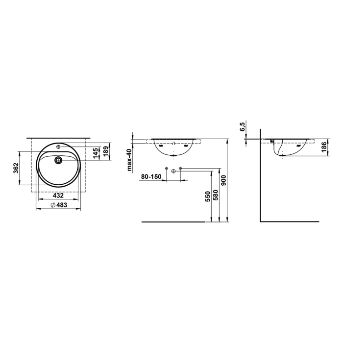 LAUFEN CLASSICS Einbau-Waschtisch, von oben, ø 47,5 cm, mit 1 Hahnloch und Überlauf