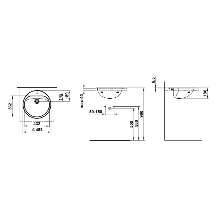 LAUFEN CLASSICS Einbau-Waschtisch, von oben, ø 47,5 cm , 1 Hahnloch