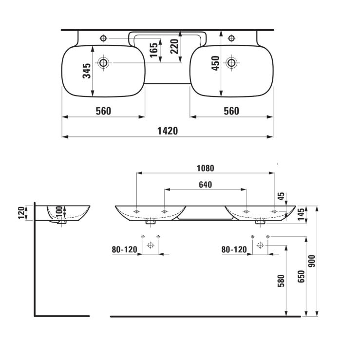 LAUFEN INO Doppelwaschtisch unterbaufähig 142 x 45 cm mit Ablage mittig, mit Überlauf, ohne Hahnlöcher
