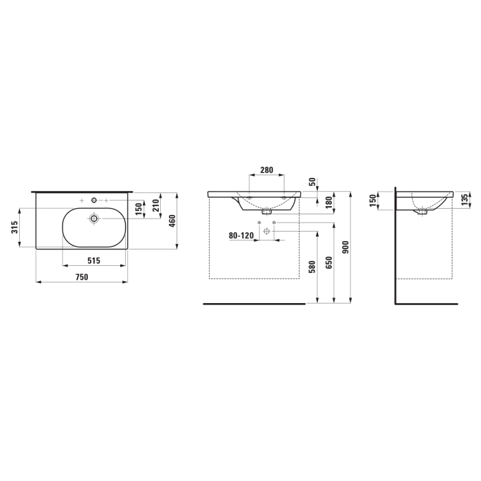 LAUFEN LUA Waschtisch 75 x 46 cm, asymmetrisch Becken rechts, mit Hahnloch, mit Überlauf