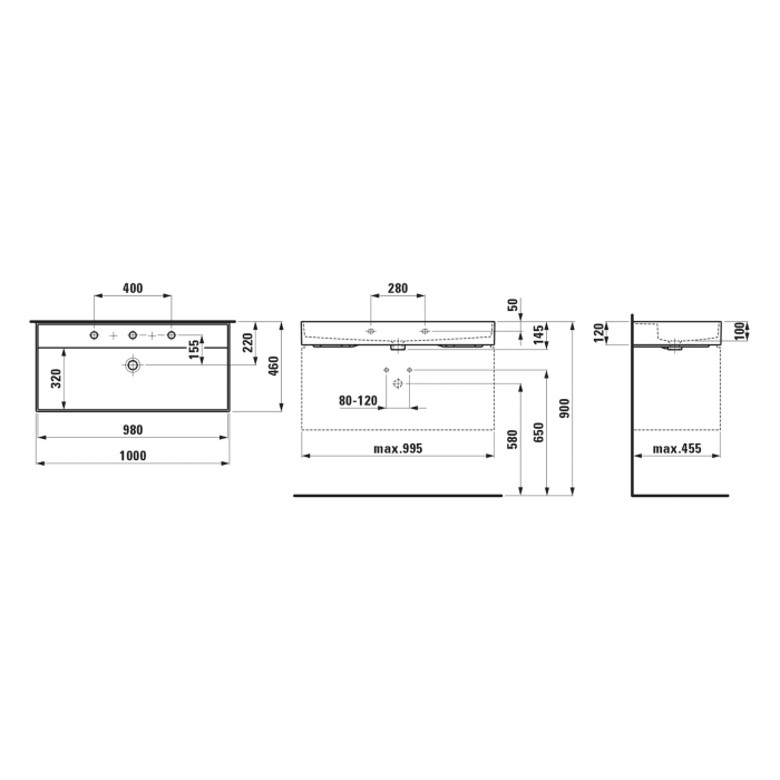 LAUFEN Kartell Waschtisch 100 x 46 cm, ohne Hahnloch, mit Überlauf