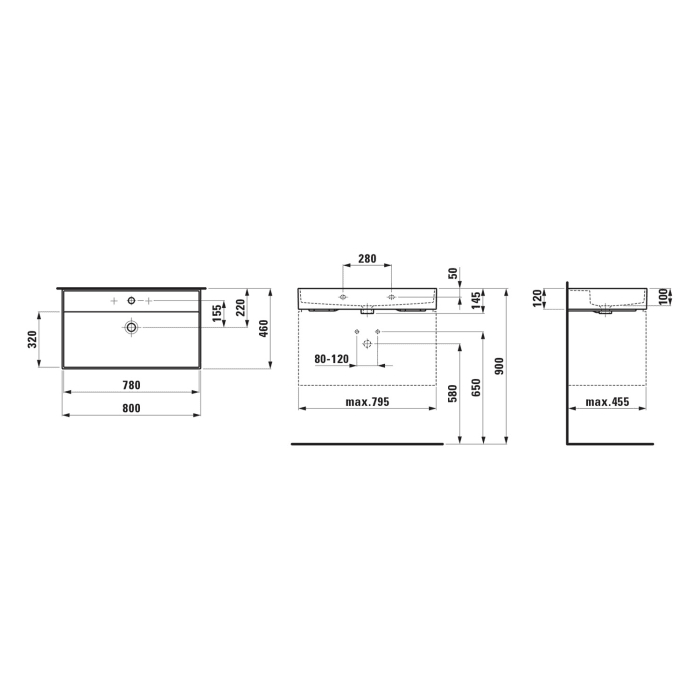 LAUFEN Kartell Waschtisch 80 x 46 cm, ohne Hahnloch, mit Überlauf