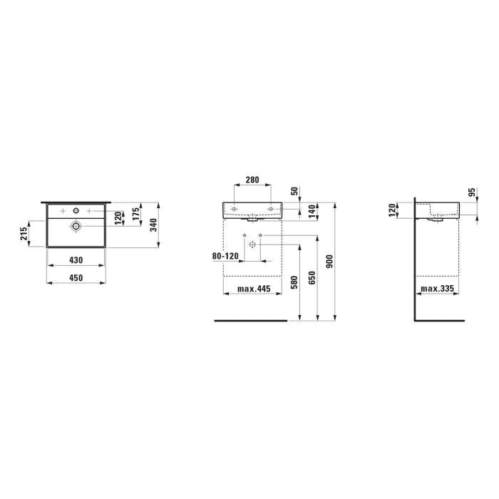 LAUFEN Kartell Handwaschbecken 45 x 34 cm, ohne Hahnloch, ohne Überlauf