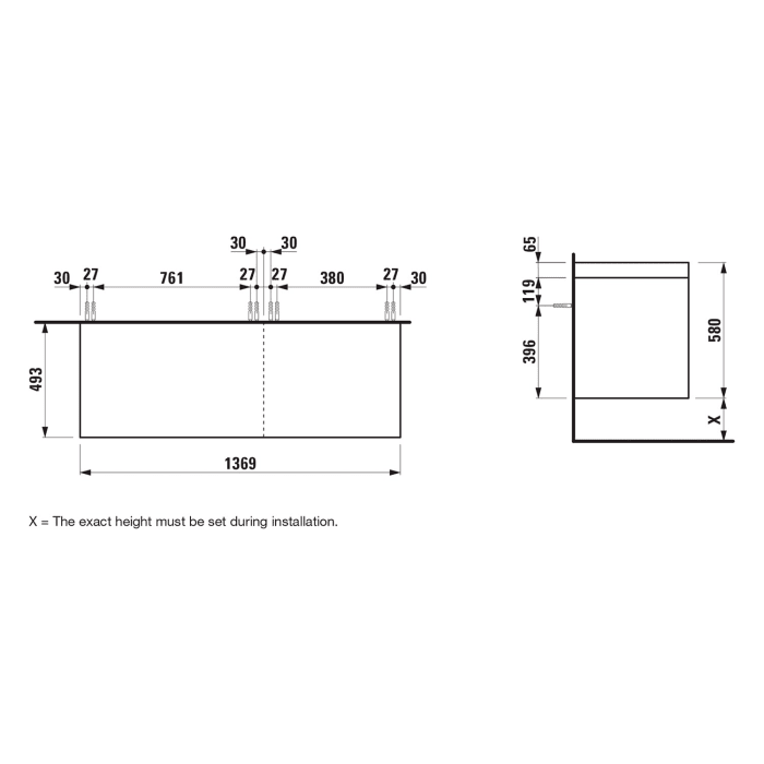 LAUFEN LANI Waschtischplatte ohne Ausschnitt mit Unterschrank 140 cm mit großen Schubladen links