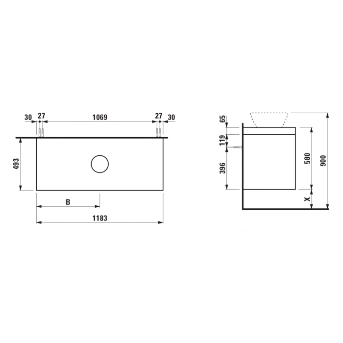 LAUFEN LANI Waschtischplatte mit Ausschnitt mitig mit Unterschrank 120 cm mit 2 Schubladen