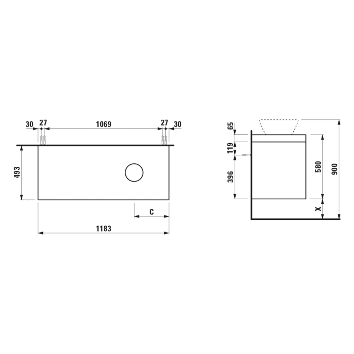 LAUFEN LANI Waschtischplatte mit Ausschnitt rechts mit Unterschrank 120 cm mit 2 Schubladen