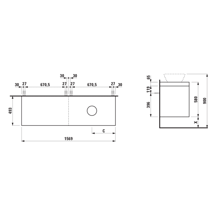 LAUFEN LANI Waschtischplatte mit Ausschnitt rechts mit Unterschrank 160 cm mit großen Schubladen rechts und links