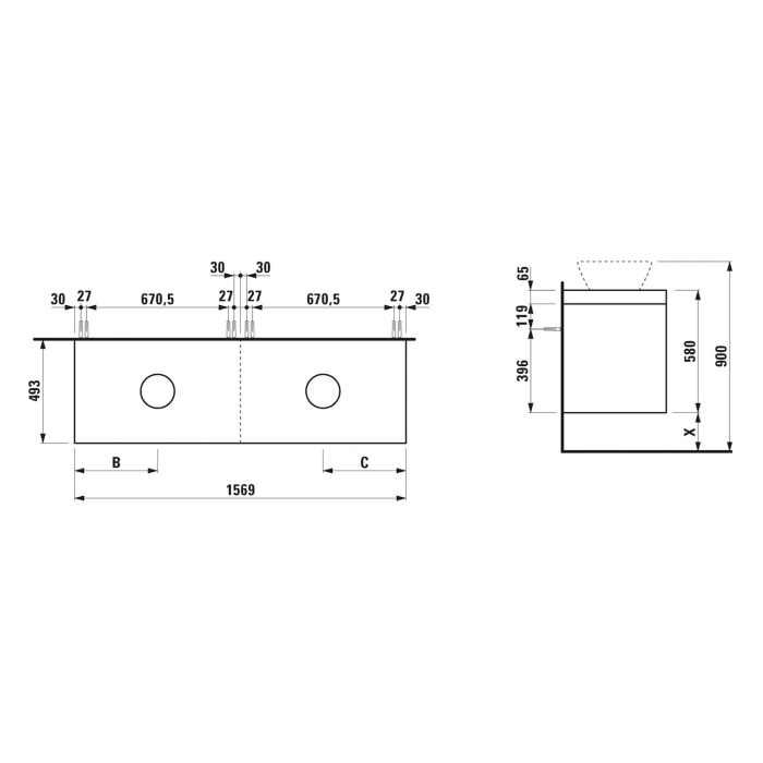 LAUFEN LANI Waschtischplatte mit Ausschnitt rechts und links mit Unterschrank 160 cm mit großen Schubladen rechts und links