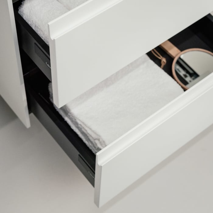 LAUFEN LANI Waschtischplatte mit Ausschnitt rechts und links mit Unterschrank 160 cm mit großen Schubladen rechts und links