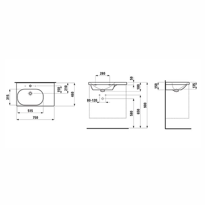 LAUFEN LUA Waschtisch 75 x 46 cm, asymmetrisch Becken links, mit Hahnloch, mit Überlauf