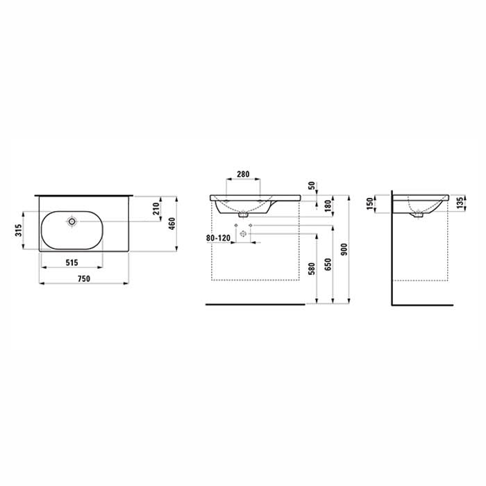 LAUFEN LUA Waschtisch 75 x 46 cm, asymmetrisch Becken links, ohne Hahnloch, mit Überlauf