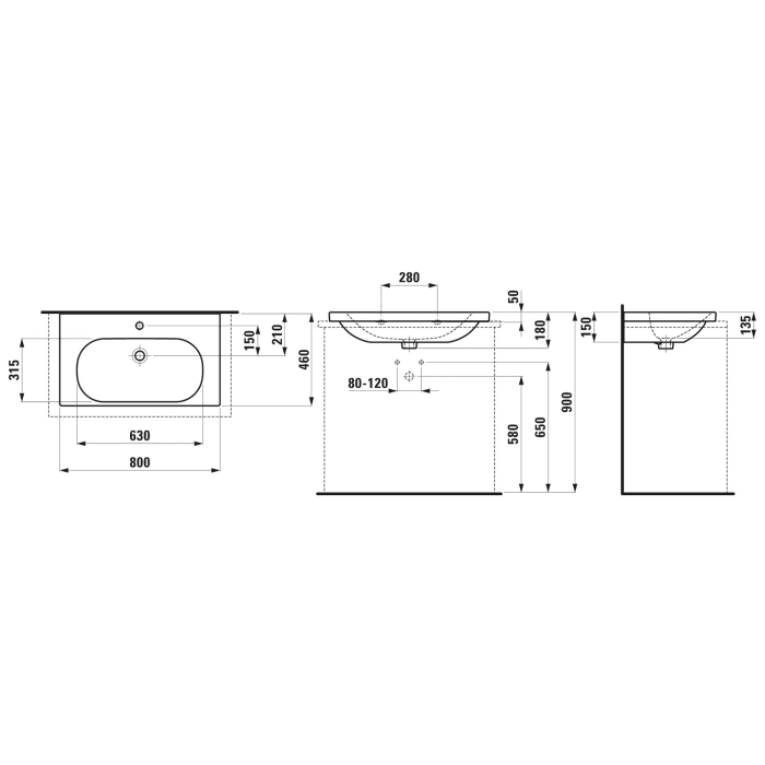 LAUFEN LUA Aufsatzwaschtisch 80 x 46 cm 1 Hahnloch, mit Überlauf