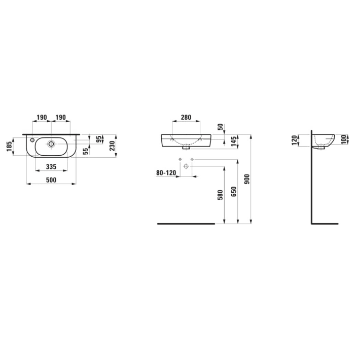LAUFEN LUA Handwaschbecken 50 x 23 cm, Becken rechts ohne Überlauf