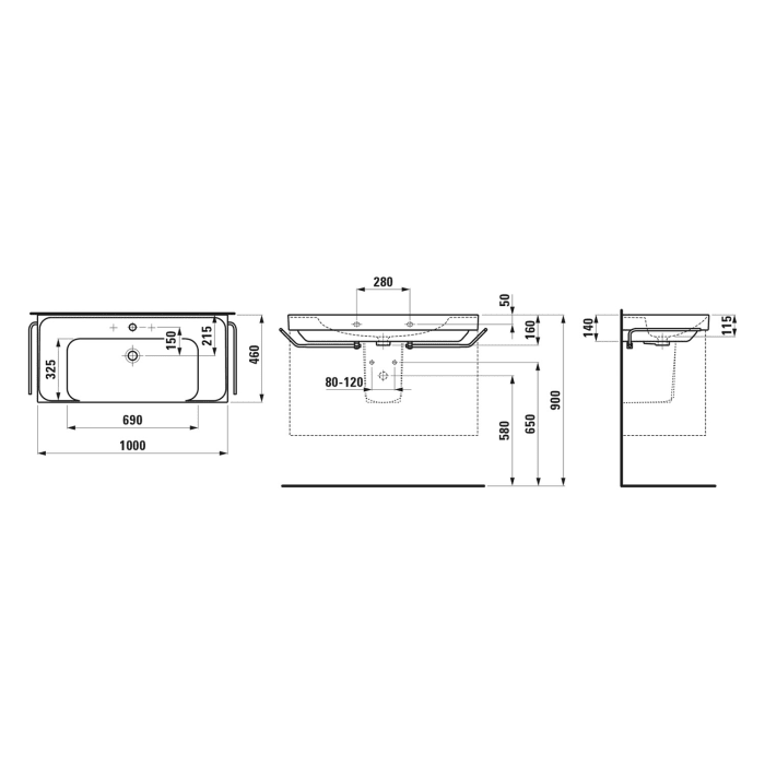 LAUFEN MEDA Waschtisch 100 x 46 cm, ohne Hahnloch und Überlauf