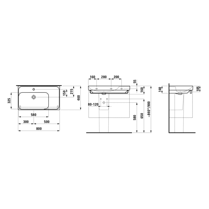 LAUFEN MEDA Waschtisch 80 x 46 cm, mit Hahnloch und Überlauf, Ablage rechts